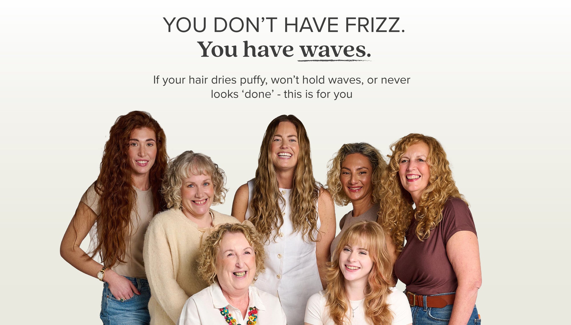 Group of women with various wavy hair styled with Merwave