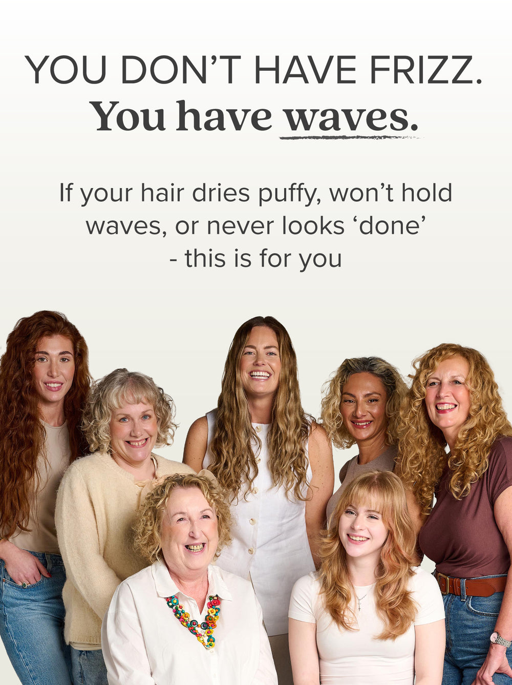 Group of women with various wavy hair styles with Merwave